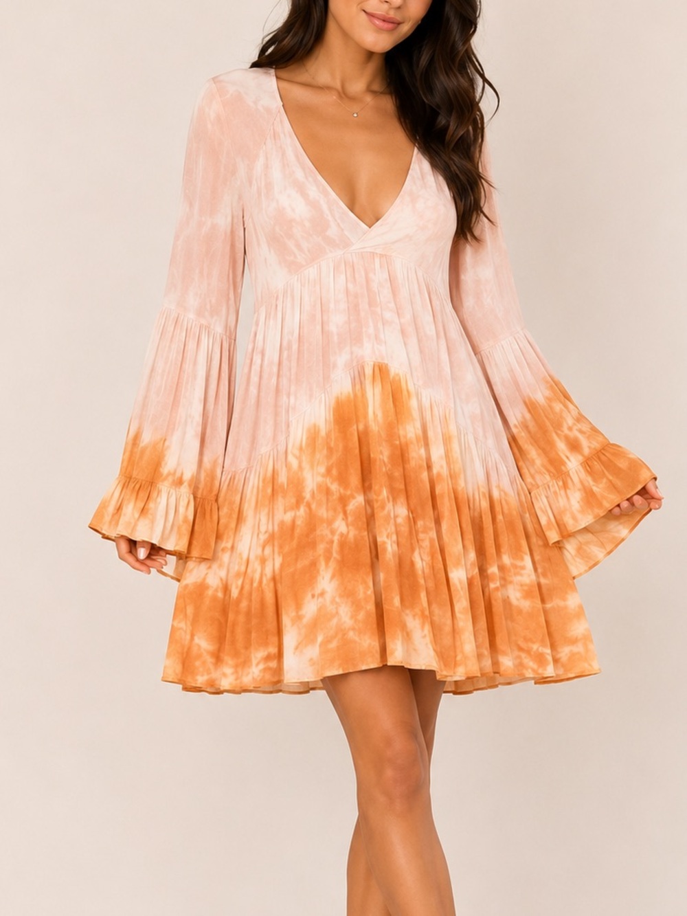Young fabulous and broke Women’s Tie-Dye V-Neck Dress in Peach/Orange